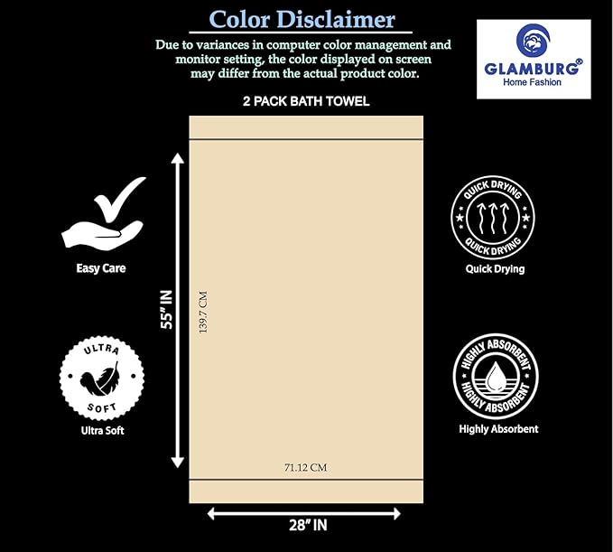 GLAMBURG 100% Cotton 2 Pack Oversized Bath Towel Set 28x55 Inches, Ultra Soft Highly Absorbant Compact Quickdry & Lightweight Large Bath Towels, Ideal for Gym Travel Camp Pool - Navy Blue