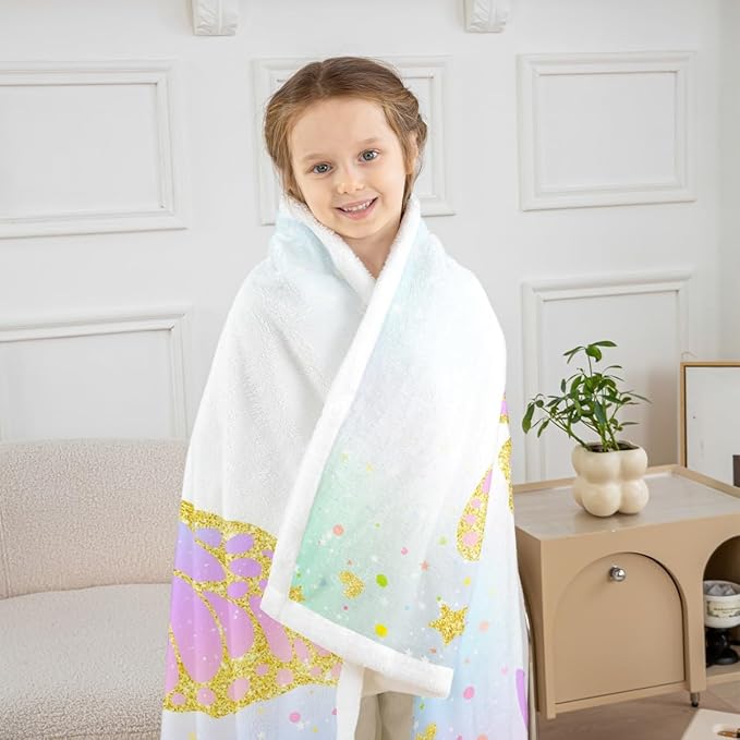 Feelyou Girls Butterfly Fleece Throw Blanket 40"x50" Kids Pink Blue Sherpa Blanket Plush Fuzzy for Bed Couch Chair Living Room, Butterflies Lover Bed Blanket Glitter Room Decor