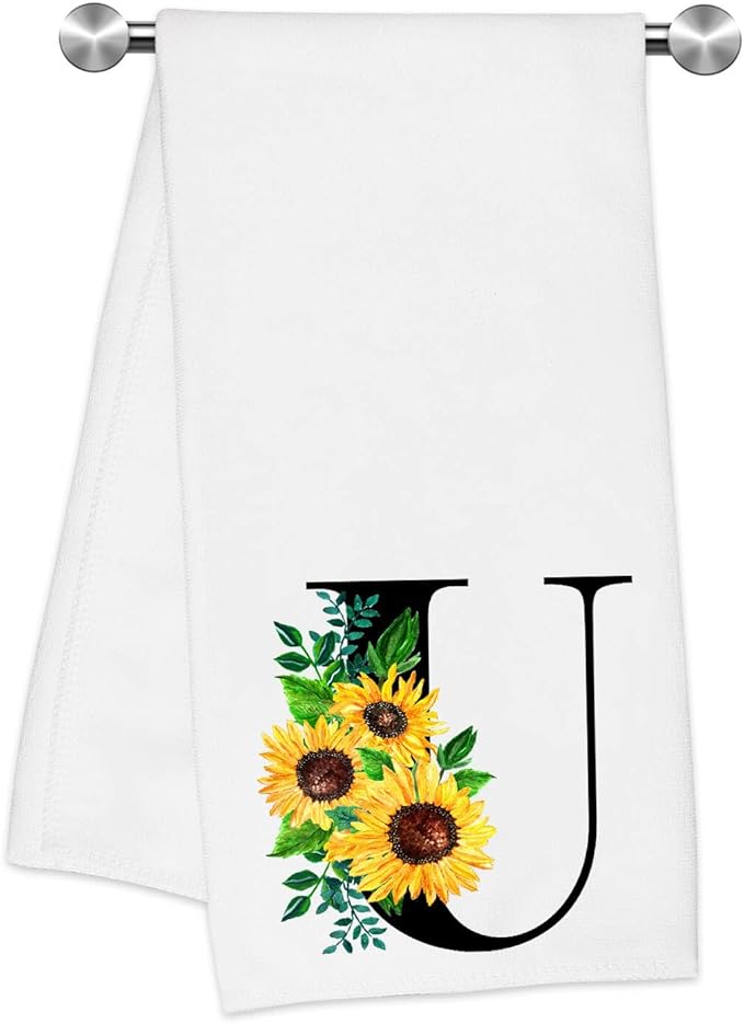 Monogrammed Sunflower Hand Towels,Ini-tial U Tea Towel Letter Kitchen Towels,Sunflower Gifts for Women,Monogram Dish Towel 17x23 Inch,Kitchen Bathroom Decorative Ini-tial Gifts for Mom Wife