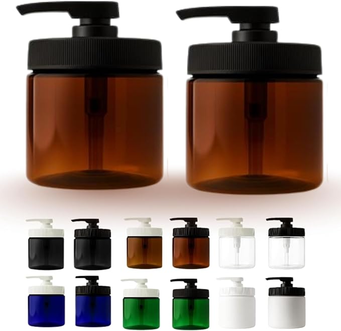 Royal Massage 16oz Refillable Pump Jar with Locking Dip Tube Dispenser – BPA-Free Plastic Container for Massage Oils, Lotions, Creams – Ribbed Lid Wide-Mouth Jar – Durable & Reusable (Amber/Black, 2)
