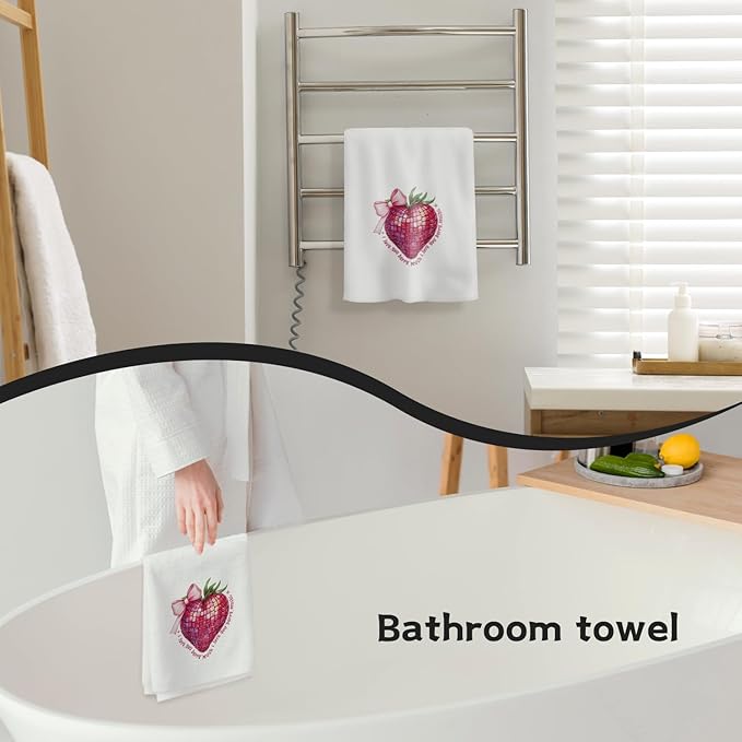 Coquette Pink Bow Strawberry Kitchen Towels, I Love You Gifts for Her Hand Towels, Dish Tea Towels, Strawberry Kitchen Bathroom Decor, 16x24 Inch