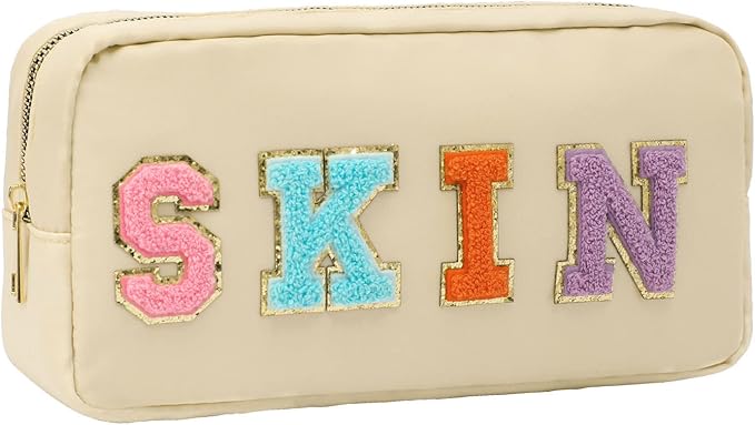 DYSHAYEN Nylon Cosmetic Bag Preppy Skin Care Bag Makeup Bag for Women Travel Toiletry Organizer with Chenille Letter Patches (Beige-SKIN)