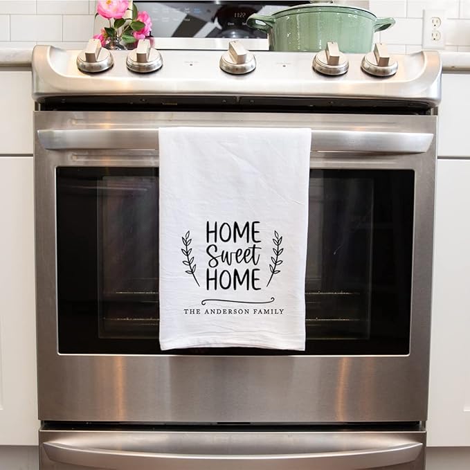 Andaz Press Personalized Kitchen Towel, Flour Sack Tea Towel, Home Sweet Home Custom Family Name Kitchen Gifts Birthday for Mom Daughter Grandma, Housewarming Gift for Couples