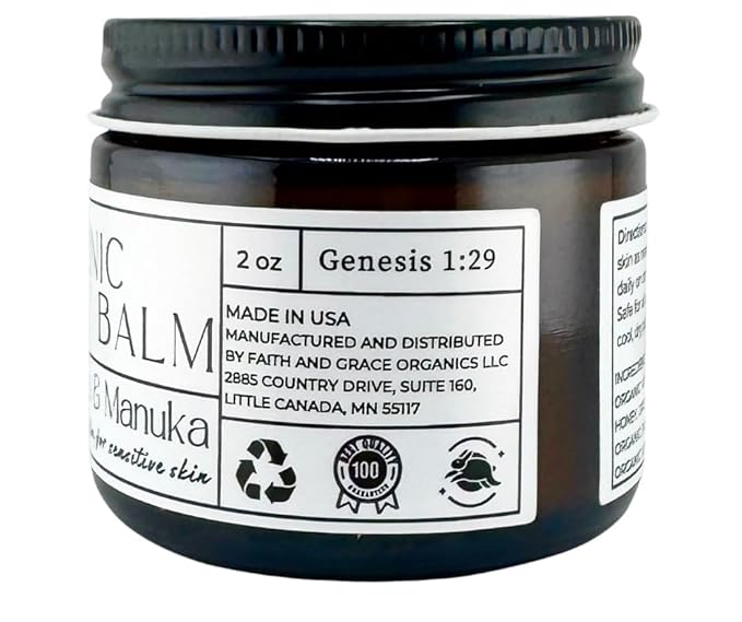 Faith and Grace Organics, Organic Tallow Balm, Vanilla and Manuka Honey, All-purpose Moisturizer, Safe for sensitive skin, Healing balm, 2 oz glass jar