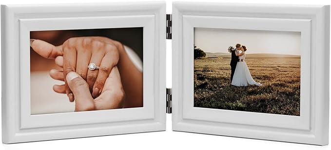 Horizontal 4X6 Picture Frames Double Hinged Wood Folding Photo Frames with Real Glass Front Fit for Desktop or Tabletop, White XBAI-H64X2