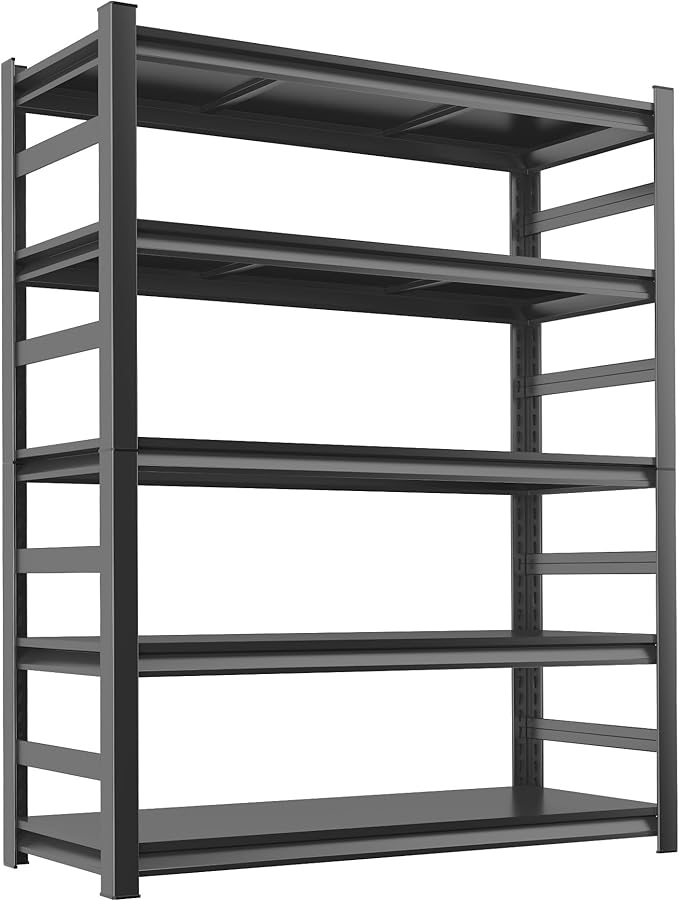 Metal Garage Shelving Unit, Heavy Duty 5-Tier Adjustable Storage shelves, Steel Shelving, 3000 lbs Capacity, Industrial Shelves for Heavy Tools and Equipment, Ideal for Garage, Basement, Black, 72"