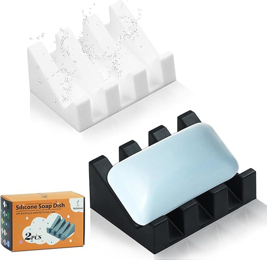Silicone Soap Dish for Bar Soap Holder for Shower Bathroom Self Draining Waterfall Drying Tray Keep Soap Bars Dry Clean & Easy Cleaning (White+Black, 2)