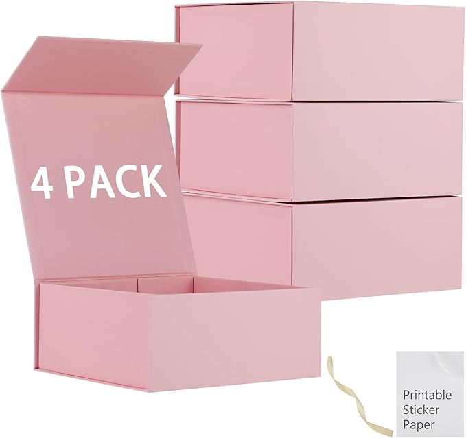MUMUPACK 4 Pack Pink Gift Boxes With Lids,9x9x4 Inch Bridesmaid Proposal Box And Printable Stickers,Proposal Boxes With Ribbon For Wedding, Packaging, Present, Birthday