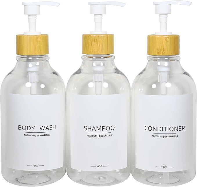 Shower Shampoo and Conditioner Bottles, Apothecary Dispenser Bamboo Pump, Refillable Bottles for Lotion Oil Hand Soap and Dish Soap, Plastic Set (3 Bottles 9 Labels) (3, Clear)