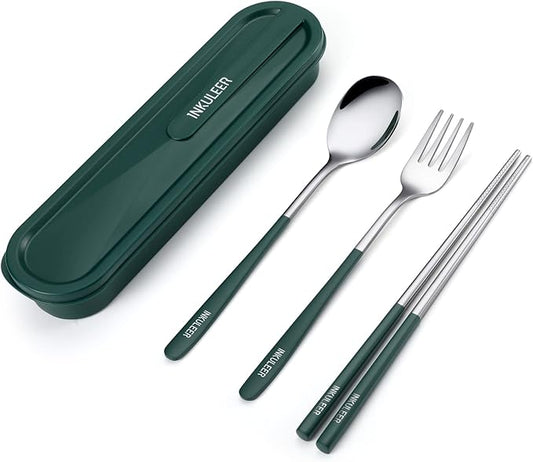 Travel cutlery set, 18/8 stainless steel cutlery, Reusable utensils set with case, Portable Silverware Lunch Box for Camping and Office (Dark Green)