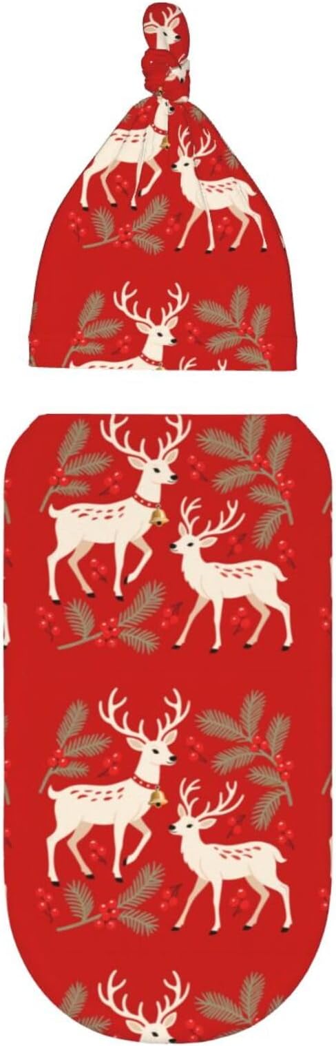 Christmas Baby Swaddle Blanket and Hat Set for Newborn Boys Girls Soft Infant Wrap Sleep 0-6 Months Two Deers