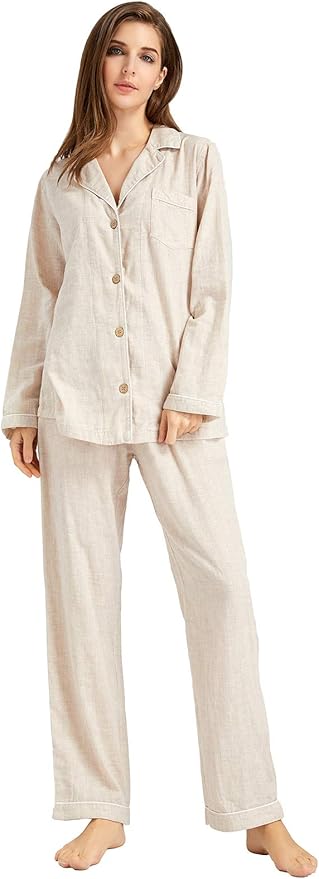 Womens Pajama Sets 100% Double Gauze Cotton Linen Like Muslin Pajamas Long Sleeve Button Down Sleepwear Soft Pjs Lounge Set