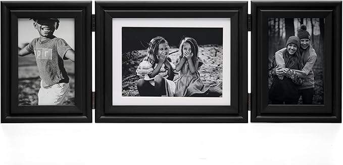 3 Vertical Horizontal 4X6 and 5X7 Picture Frames Hinged Wood Folding Photo Frames with Real Glass Front Fit for Desktop or Tabletop, Black XHEI-V46H75V46