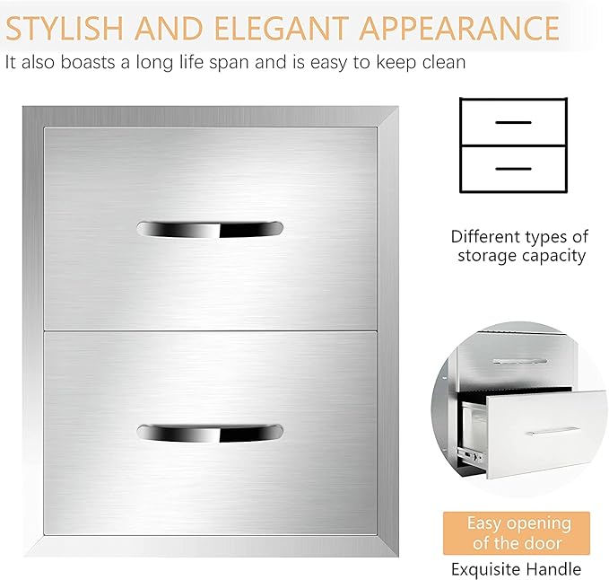 Outdoor Kitchen Drawers Stainless Steel 14W X 15H X 23D Inch, Flush Mount Double BBQ Island Drawers with Handle for Outdoor Kitchens, Patio or Grill Station