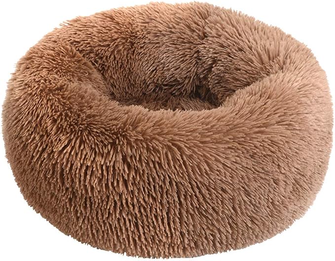 Plush Calming Donut Dog Bed for Small to Medium Dogs, 28 Inch Round Pet Bed | Soft Faux Fur Puppy Bed with Raised Rim for Curling and Head Support; Washable Round Pet Bed for Small to Medium Dogs or Cats