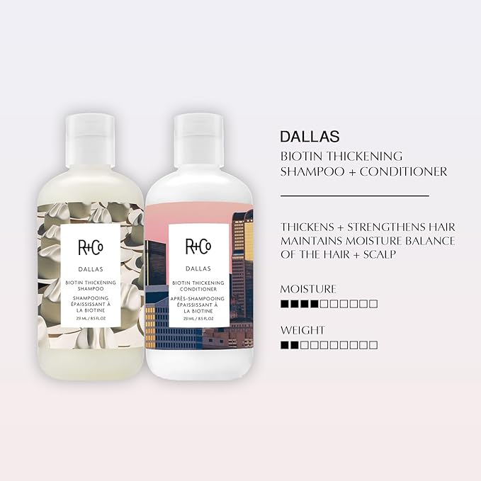 R+Co Dallas Biotin Thickening Shampoo & Conditioner Set + Deluxe Sample (0.5oz) | Adds Volume, Strength & Fullness | Sulfate-Free, Vegan + Cruelty-Free | 8.5oz (Pack of 2)