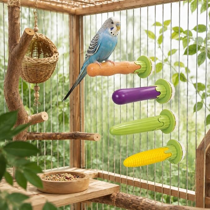 4 Pack Bird Perches for Cage, Vegetable Design Parrot Perch, Bird Nail Grinding Perch for Parakeets, Budgies, Cockatiels and Small Parrots, Bird Cage Accessories