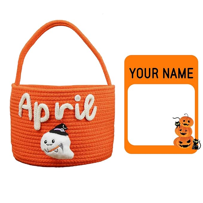 Personalized Halloween Baskets Gift for Kids, Custom Woven Candy Bucket with Name, Halloween Trick or Treat Basket