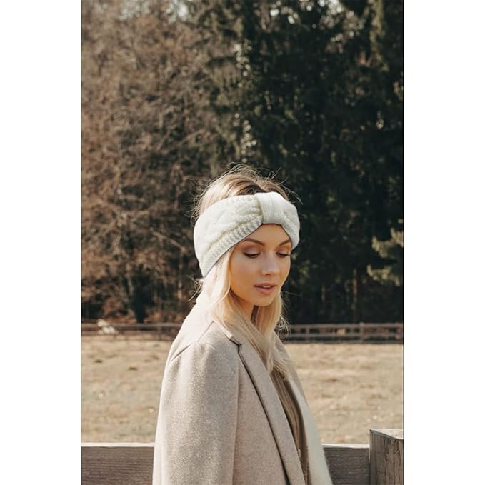 AQOKKA Knit Winter Headbands for Women Fuzzy Wool Fleece Lined Ear Warmers Elastic Turban Crocheted Head Wrap Winter Accessories for Women Cold Weather