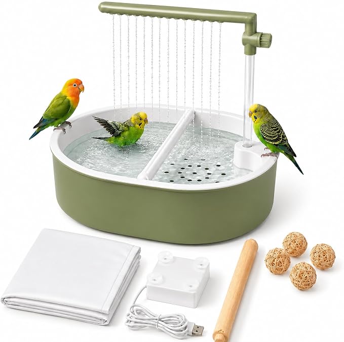 Bird Shower, Automatic Bird Bath for Cage, Light Green | Adjustable valve, hidden-cord pump, dual perches, 4 natural rattan balls, waterproof mat, indoor parakeet use