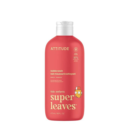 ATTITUDE Bubble Wash for Kids, EWG Verified Bubble Bath, Hair Shampoo and Body Soap, Dermatologically Tested, Plant- and Mineral-Based, Vegan, Mango, 16 Fl Oz