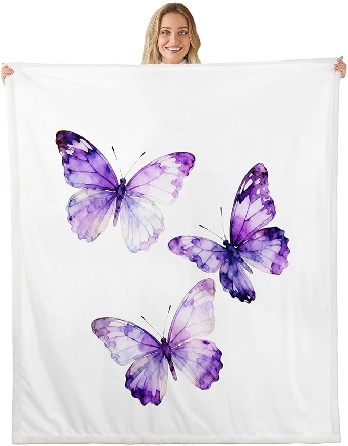 Feelyou Purple Butterfly Fleece Throw Blanket Queen 90"x90" Kids Girls Sherpa Blanket Plush Fuzzy for Bed Couch Chair Living Room, Watercolor Bed Blanket Room Decor