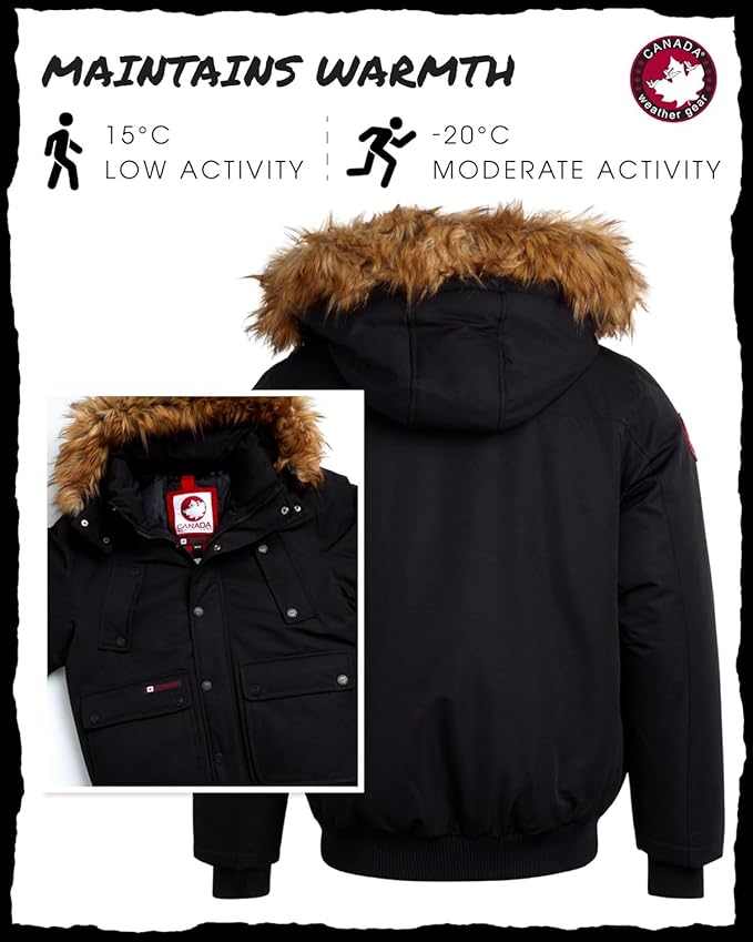 CANADA WEATHER GEAR Mens Winter Bomber Jacket - Heavyweight Winter Coats Weather Resistant Faux Fur Hood Insulated Ski Jacket