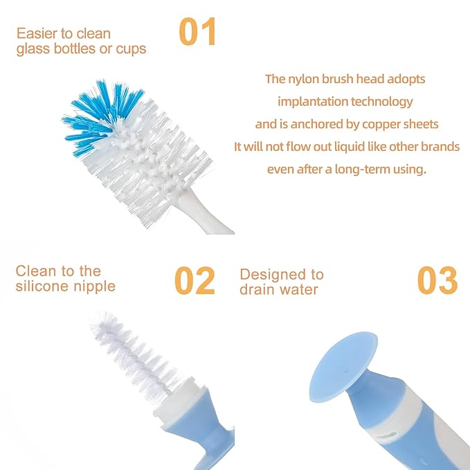 Chemimoso Multifunctional Cleaning Brush, Baby Bottle Brush, Bottle Brush Cleaner, Rotate The Suction Cup to Obtain The Small Bristle Brushes, Set X, Blue, Nylon and Nylon Brush