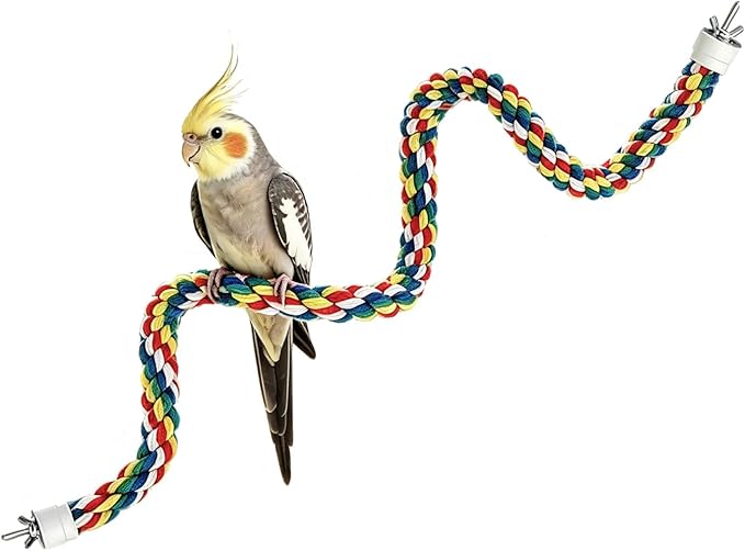 31.5'' Bendable Climbing Bird Rope Perch for Cage, Metal Nut | Bird Cage Accessories, Cotton Rope, Colorful Fun Bungee Toy, For Parrot