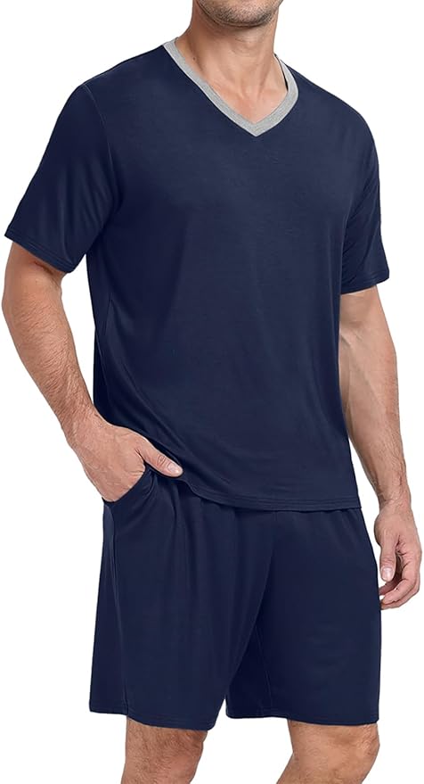 PrinStory Men's Pajama Set Sleepwear Pjs Lightweight Quick Dry Short Sleeve V-Neck Shirts and Shorts Soft Comfy Sleep Sets
