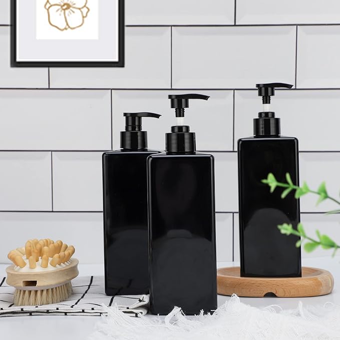 Suream Shampoo and Conditioner Dispenser Set, 3Pack 16.9oz Bathroom Countertop Soap Bottle with 4PCS lables, Plastic Refillable Dispenser with Pump for Kitchen, Office, Travel, Resturant, Black