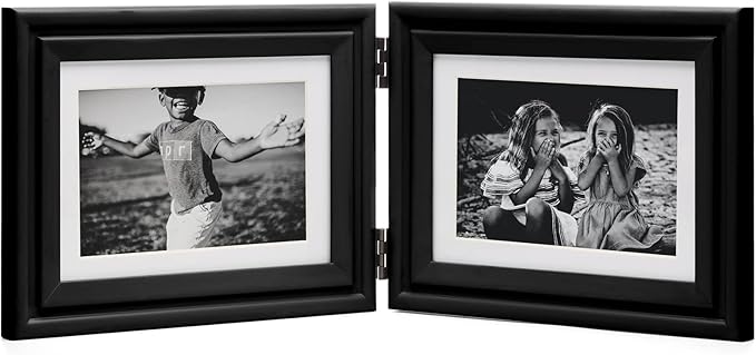 Horizontal 5X7 Picture Frames Double Hinged Wood Folding Photo Frames with Real Glass Front Fit for Desktop or Tabletop Display Pictures 4x6 with Mat or 5x7 Without Mat, Black XHEI-H75X2