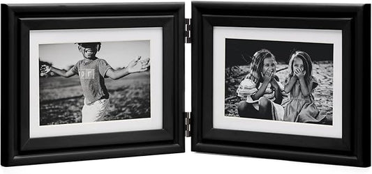 Horizontal 5X7 Picture Frames Double Hinged Wood Folding Photo Frames with Real Glass Front Fit for Desktop or Tabletop Display Pictures 4x6 with Mat or 5x7 Without Mat, Black XHEI-H75X2