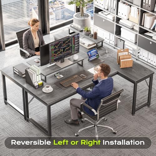 PRAISUN 53" L Shaped Computer Desk, Power Outlets, Monitor Stand, Grey
