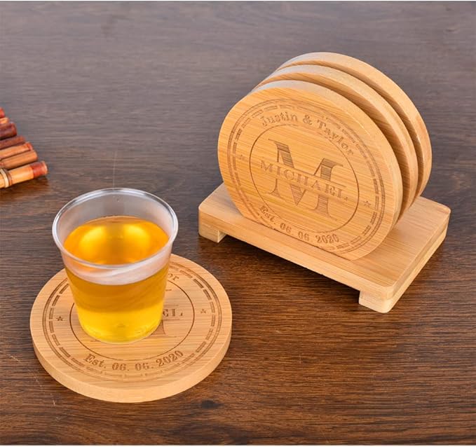 Personalized Coasters, Custom Engraved Coasters, Bamboo Coasters for Drinks, Monogram Coasters with Holder, Great Gifts for Relatives, Friends or Yourself (M, Set of 4)