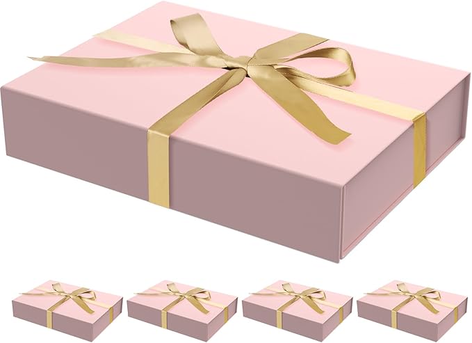 MOZRRO 5 Pack Gift Boxes with Lids, 11 x 8.2 x 2.3 Inches Packing Box for Presents Ribbon Magnetic Closure, Luxury Wrapping Gift Boxes for Weddings, Birthdays, Chrismas, Halloween, Pink