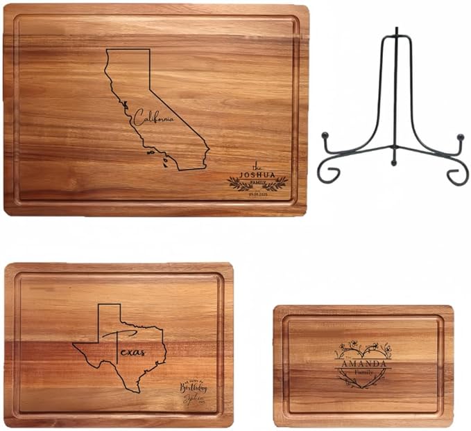 Personalized state-shaped and named date platters, carved wooden cutting boards, custom cheese boards as Mother's Day, wedding, housewarming gifts (Acacia decurrens S11.6X7.7X0.5in)