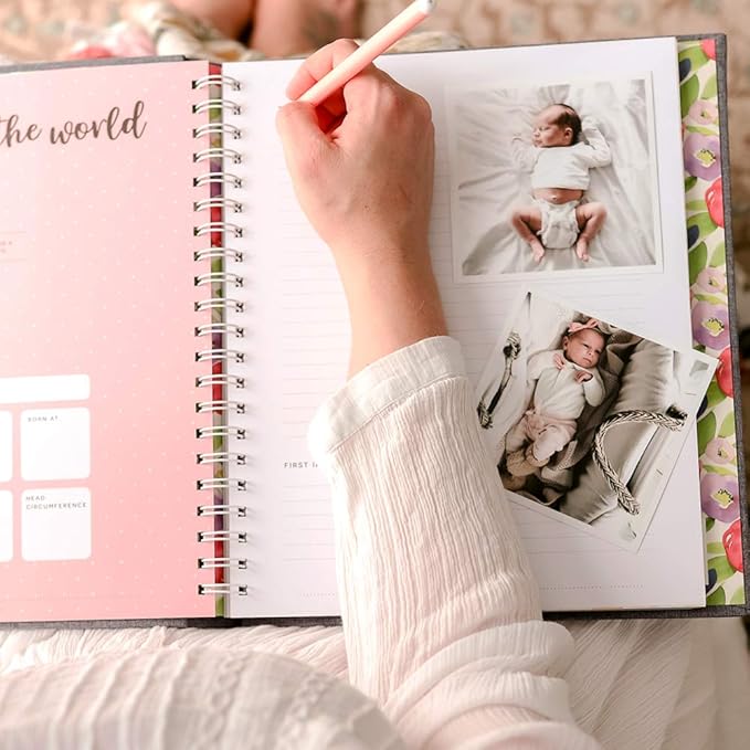 Peachly Baby Memory Book For Girls, First Year Baby Book Keepsake for Milestones, Linen Baby Keepsake Book First Year Memory Book (Botanica)