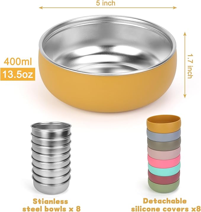 ShineMe 8 Pack Kids Bowls, Unbreakable Stainless Steel Bowls for Kids with Removable Colorful Silicone Sleeve, Versatile Baby Metal Bowl for Cereal, Yogurt, Snacks, Soup...