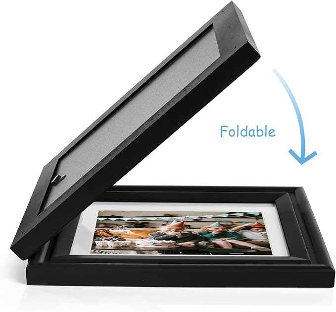 5x7 Double Horizontal Hinged Wood Picture Frame Folding Photo Frame with Real Glass Front in Black for Tabletop, Display 4x6 with Mat or 5x7 without Mat X2-HEI-2H57