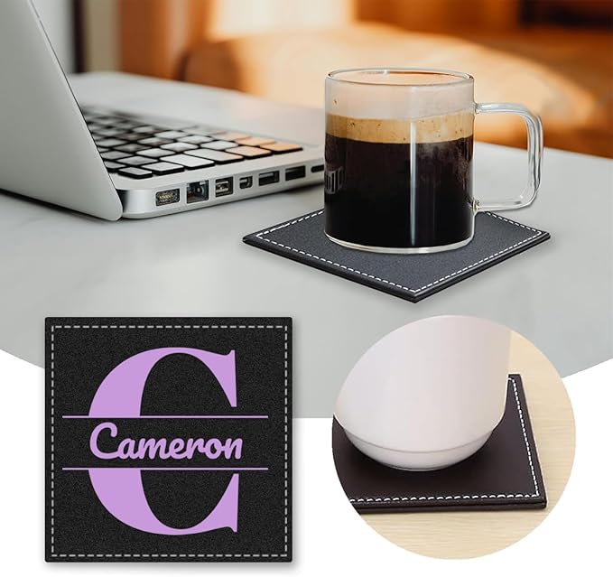 Custom Name Coasters, Personalized Monogram Split Letter PU Leather Coaster, Customize Non-Slip Heat Resistant Waterproof Reusable for Coffee Table Bar Beer Wine Cup Housewarming Home Wedding Party