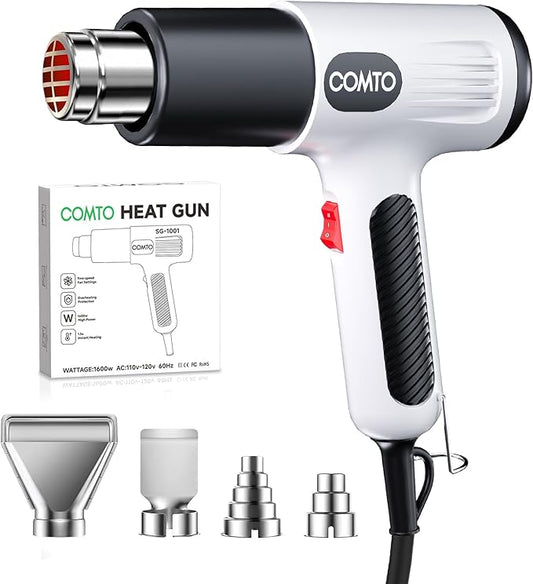 1600W Heat Gun, Hot Air Gun with 2 Temp Settings, 4 Nozzles, Overheat Protection, for Shrink Tubing, Shrink Wrap, Crafting, Resin, and DIY Projects - White