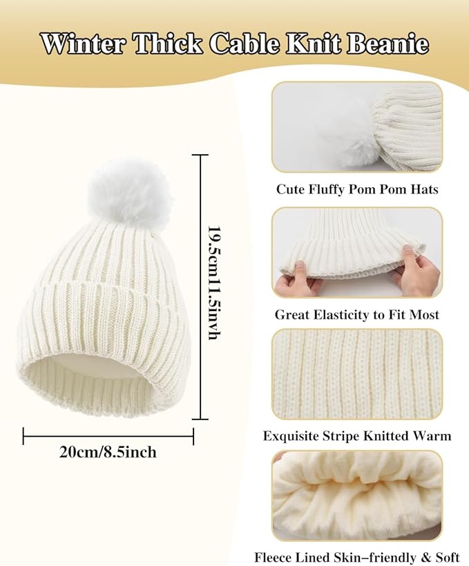 Winter Beanie Hat Scarf Gloves Set for Women, Fleece Knit Pompom Beanie Neck Warmer Long Scarf Touchscreen Gloves 3 in 1 Set