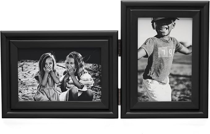 Horizontal & Verticall 4X6 Picture Frames Double Hinged Wood Folding Photo Frames with Real Glass Front Fit for Desktop or Tabletop, Black XHEI-H64-V46