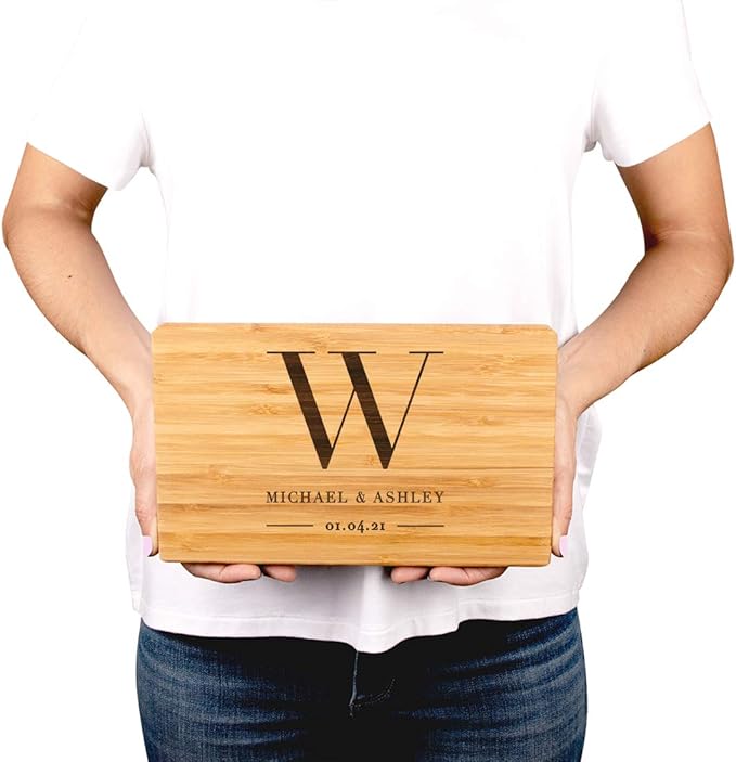 Andaz Press Personalized Laser Engraved Small Bamboo Wood Cutting Board, 9.5 x 6-inch, Monogram with Names and Date, Custom