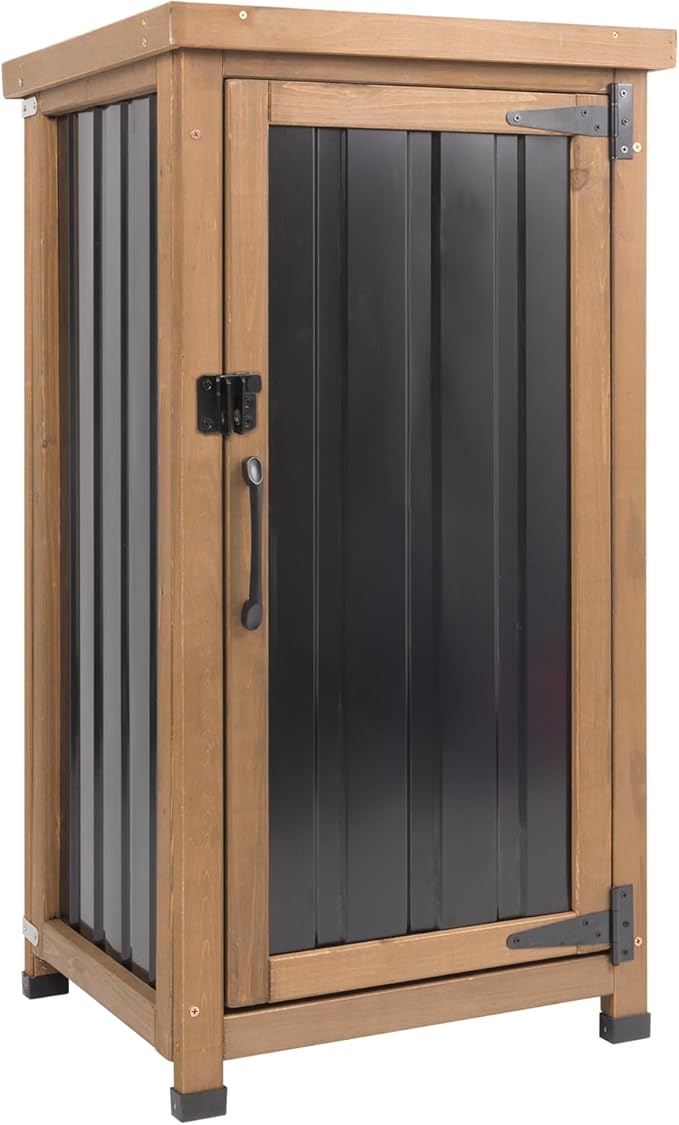 Ketive Outdoor Storage Cabinet with Metal Worktop, Small Garden Storage Cabinet with Adjustable Shelf, Weather-Resistant Fir Wood Tool Organizer for Patio, Backyard, Porch or Balcony