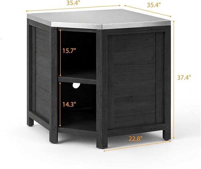 MOUMON Corner Patio Kitchen Storage Cabinet with Stainless Steel Countertop, Solid Cedar Patio Prep Table for Grilling, Outdoor Cooking Station, Dark Grey 35.4”W x 35.4”D x 37.4”H