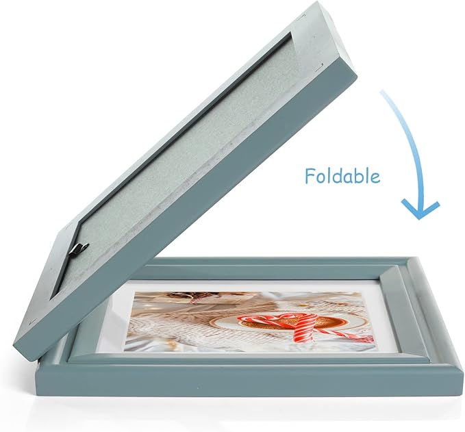 5x7 Double Horizontal Hinged Wood Picture Frame Folding Photo Frame with Real Glass Front in Teal Blue for Tabletop, Display 4x6 with Mat or 5x7 without Mat X2-LAN-2H57