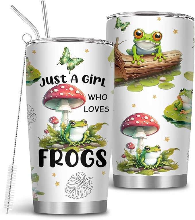 20oz Just a Girl Who Loves Frogs Tumbler with Brush & Straw for Women | Frog Gifts for Women, Frog Themed Cup Coffee Mug, Gifts for Thanksgiving Christmas, 1 PCS