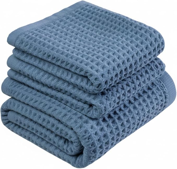 DEMMEX Organic Cotton Waffle Weave Turkish Towel Set for Bathroom, 100% OEKO-TEX Certified Super Soft Turkish Cotton, Lightweight & Quick Dry, 1 Bath & 2 Large Hand Towels, 30x60/20x30 in., Slate Blue